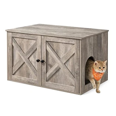 Image of Feandrea Cat Litter Box Enclosure, Hidden Furniture with Removable Divider, End Table, Indoor House, 80 x 53 50 cm, Heather Greige PCL002G01