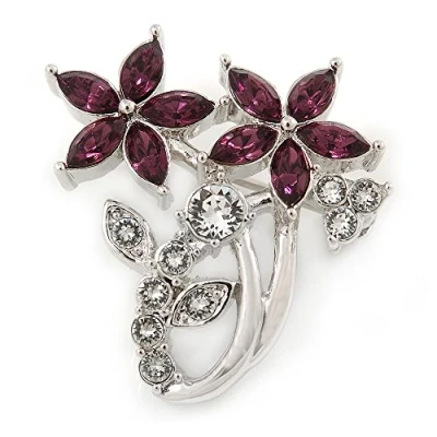 Image of Avalaya Small Clear Crystal, Purple CZ Floral Brooch in Rhodium Plated Metal 30mm L