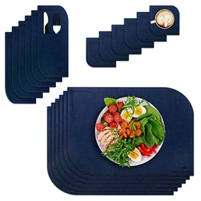 Image of VILSTO Felt Placemat Coaster Cutlery Bag Set of 18 pieces, Dark Blue Heat Resistant, for Kitchen, Home Dinner Party, Outdoor Barbecue