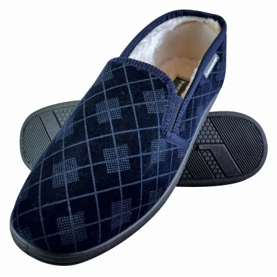 Image of Dunlop MENS PLUSH FUR LINED MEMORY FOAM PLAID CHECKED MOCCASIN SLIPPERS WITH HARD SOLE Navy Size 7 (UK Shoe)