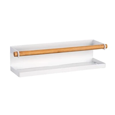 Image of WENKO spice rack Magna, magnetic kitchen shelf made of metal with bamboo detail for storing and displaying tins, attaches without drilling magnet or adhesive tape, 32 x 8 cm, white
