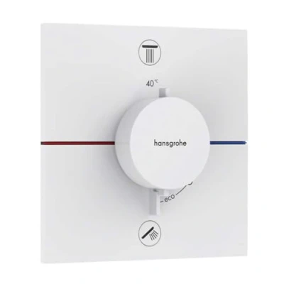 Image of hansgrohe ShowerSelect Comfort E thermostat conceiled, bathroom tap with safety stop at 40 C, square for showers and bath tubs, shower mixer 2 functions, matt white, 15572700
