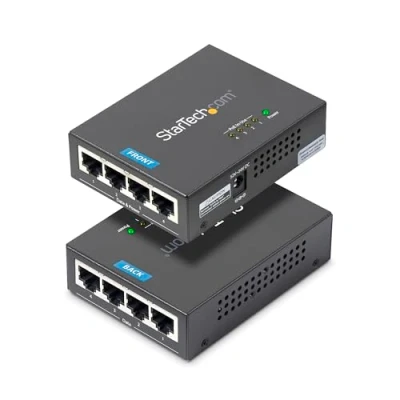 Image of StarTech.com 4 Port Gigabit Midspan PoE+ Injector 802.3at and 802.3af Wall mountable Power over Ethernet (POEINJ4G) Black