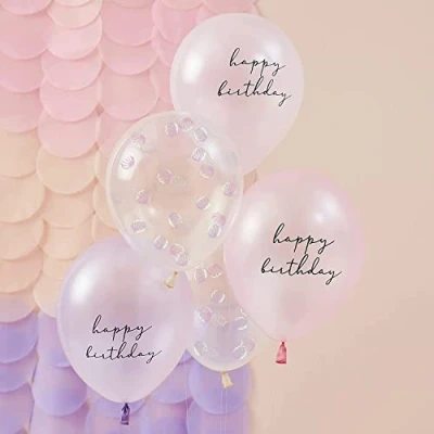 Image of Ginger Ray Happy Birthday Mermaid Pink &amp; Purple Latex Confetti Balloons Kids Girls Party Decoration 5 Pack