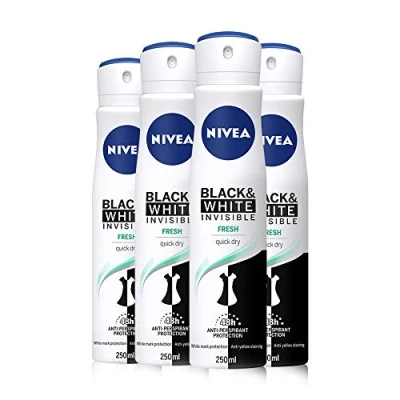Image of NIVEA Black &amp; White Invisible Fresh Anti Perspirant Deodorant Spray Pack of 4 (4 x 250ml), 48hr Fragrance for Women, Womens