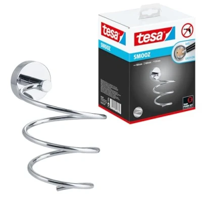 Image of tesa SMOOZ Hair Dryer Holder No Drill Wall Mounted Chromed Metal Blow Stainless Waterproof Includes Removable Glue Solution