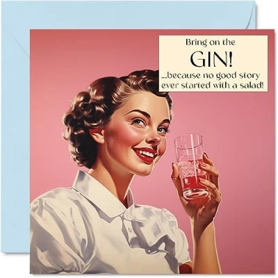 Image of Fun Birthday Cards for Women Bring On The Gin Card Sister Daughter Bestie Work Colleague, 145mm x Joke Humour Banter Bday Greeting