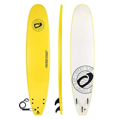 Image of Osprey Foam Surfboards, Complete Foamie Beginners Board with Leash and Fins, Multiple Colours, Classic Yellow, 9’3