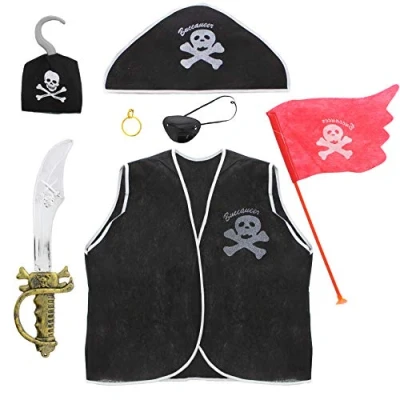 Image of Zac&#039;s Alter Ego Pirate Kit Hat, Eye Patch, Vest, Flag, Earring, Sword &amp; Hook Halloween World Book Day