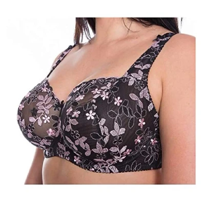 Image of Gem Women&#039;s Full Cup Lace Embroidered Plus Size Underwired Bra (Black Pink, 46J)