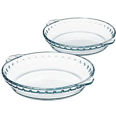 Image of NUTRIUPS 25cm Pie Dishes, 9.5 inch Glass Flan Dish, 2pcs Round Bake Plate with Handle, Serving Baking Dish High Heat Resistance, Tins for Cake, Pie, Tart,