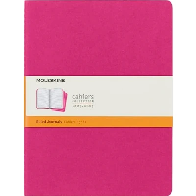 Image of Moleskine Cahier Journal, Set 3 Notebooks with Ruled Pages, Cardboard Cover Visible Cotton Stiching, Colour Kinetic Pink, Extra Large 19 x 25 cm, 120 Pages