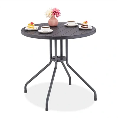Image of Relaxdays Garden, H x Ø: 75 80 cm, Wood Look Balcony, Plastic &amp; Steel, Round Patio Table, Grey, 75x80x80 cm
