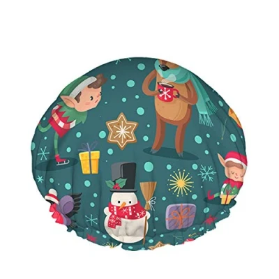 Image of Christmas Seamless Pattern Reusable Shower Cap Cute Snowman Reindeer Bear Bird Candy Cane Elf Large Hair Cap, Bath Cover for Women Long