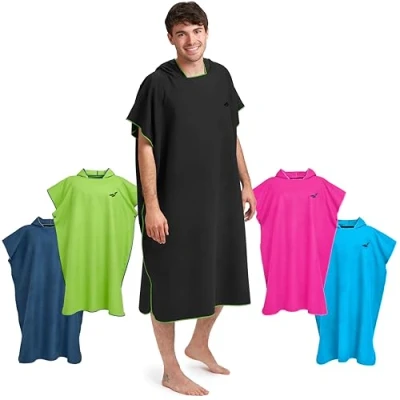Image of Fit Flip Changing Robe Towel Poncho Adult Microfibre Swim and Surf Quick Dry Hooded for Men Women size L, Black Green