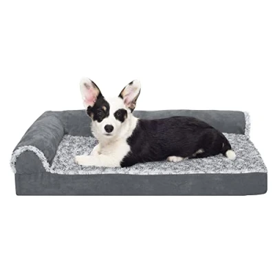 Image of Furhaven Medium Orthopedic Dog Bed Two Tone Faux Fur &amp; Suede L Shaped Chaise w/Removable Washable Cover Stone Gray,