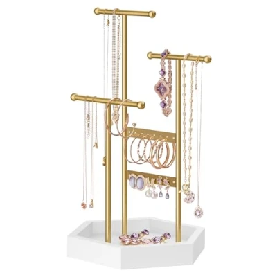 Image of SONGMICS Jewellery Stand, Organiser, 4 Independent Zones, Display Stand with Metal Frame, Earring Bracelet Necklace Holder, for Rings, Gold and White JJS003A01