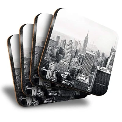 Image of Destination Vinyl ltd Great Coasters (Set of 4) Square Black &amp; White New York City Aerial View Drink Glossy Coasters/Tabletop Protection for Any Table Type #44290