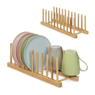Image of Relaxdays Set of 2 Plate Racks, for 10, Pan Lid &amp; Chopping Board Holder, Dish Drainer Stand, Bamboo, Natural, 100%, 12 x 12.5 40 cm