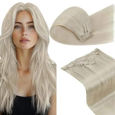 Image of LaaVoo Clip in Hair Extensions Real Human White Blonde Seamless Remy 14 Inch 5pcs 80g #60