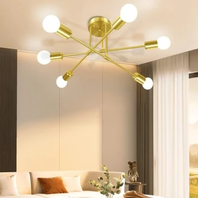 Image of CANMEIJIA Modern Sputnik Chandelier, Ceiling Light Fixture Semi Flush Mount 6 Lights Gold Chandeliers for Dining Room Farmhouse Kitchen, Mid Century Pendant E27 Base, Bulbs Not Included