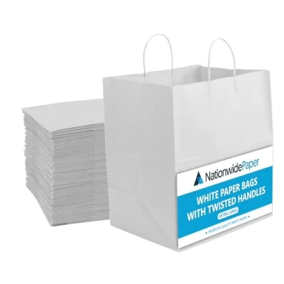 Image of NationwidePaper 30pcs White Paper Bags, Shopping Bags with Strong Twisted Handles, For Grocery, Sweets, Food, Merchandise, Retail (32x22x28cm)