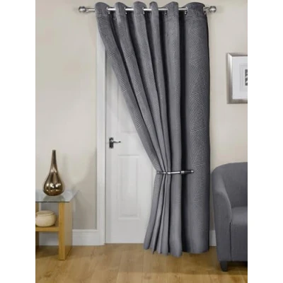 Image of Emma Barclay Midnight Embossed Velvet Woven Thermal Eyelet Door Curtain (Charcoal, Width 66&quot; x 84&quot;Drop (168x213cm))