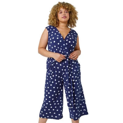 Image of Roman Originals Curve Spot Print Wrap Jumpsuit for Women UK Ladies Everyday Holiday Spring Summer V Neckline Comfy Soft Evening Vacation Work Party Navy Size 30