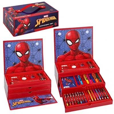Image of Spiderman Kids 43pc Colouring Art Stationery Set with Watercolour Felt Tip Pens Crayons and Pencils Travel for Children