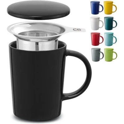 Image of Cosumy Tea Cup with Infuser and Lid 400ml Large Black Ceramic Mug Long Warmth Scratch Resistant Dishwasher Safe