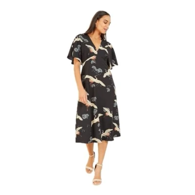 Image of Yumi Womens Black Crane Print Kimono Midi Dress Perfect Wedding Guest for Ladies V Neck &amp; Flared Sleeves 14