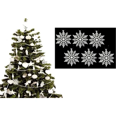 Image of UKDD® White Collection Christmas Droplet Baubles Tree Decorations, Glitter, Matt Icicles, Reindeer (Pack of 6 Snowflake)