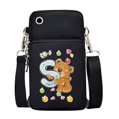 Image of FINDING CASE initial letter Printed Women Girls men Zipper Waterproof Nylon 3 Layers Crossbody Bags Wallet Cellphone Purse Shoulder Bag Wristlet Handbags Adjustable Strap (Bear S)
