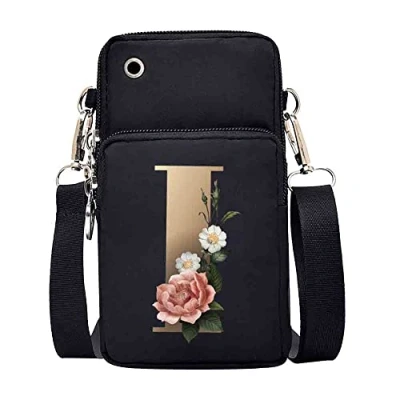 Image of FINDING CASE initial letter Printed Women Girls men Zipper Waterproof Nylon 3 Layers Crossbody Bags Wallet Cellphone Purse Shoulder Bag Wristlet Handbags Adjustable Strap (gold I)