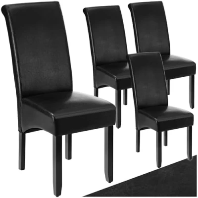 Image of TecTake® Set of 4 Dining Chairs with Faux Leather Covers &amp; Solid Hardwood Legs, Chair Ergonomic Design, Padding High Backrests, Ideal as Kitchen Black