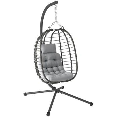 Image of Outsunny Rattan Hanging Egg Chair, Foldable Wicker Hammock Swing Chair with Cushion, Stand, Adjustable Height, Head Pillow, Steel Frame for Garden Patio Indoor Outdoor, Light Grey