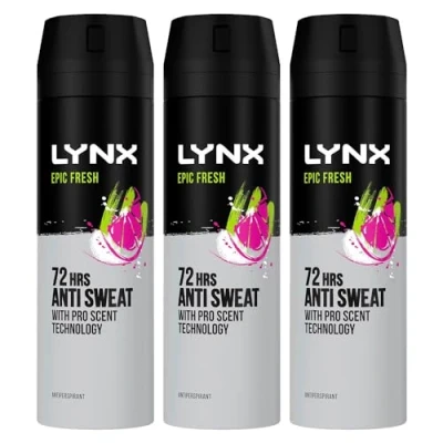 Image of Lynx Anti Perspirant Epic Fresh 72 Hour Sweat &amp; Odour Protection Deodorant Spray for Men with Unique Scent of Grapefruit and Tropical Pineapple, 200ml Pack 3
