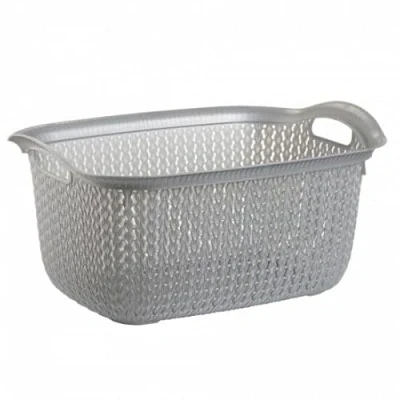 Image of Plastic Laundry Basket Clothes Washing Bin Storage Knitted Hamper Organiser (Silver, Rectangular)