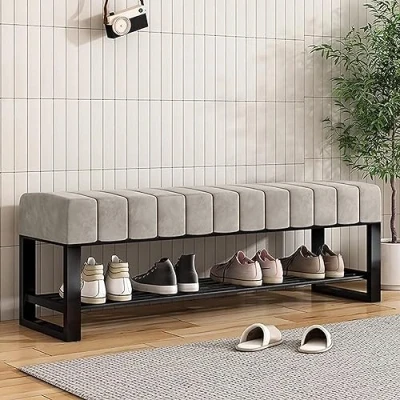 Image of MARIYCH 2 Tier Shoe Storage Bench with Padded Seat, Velvet Rack for Entryway, Bedroom Ottoman, Black Metal Frame