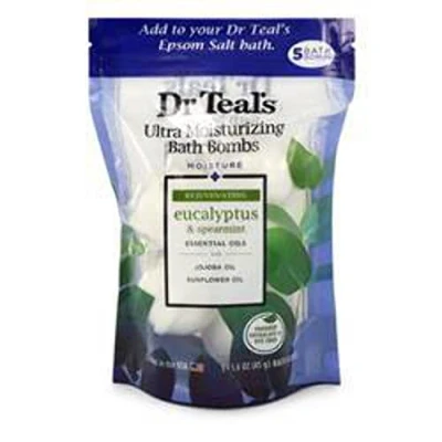 Image of Dr Teal&#039;s Ultra Moisturizing Bath Bombs Five (5) Moisture Rejuvinating with Eucalyptus &amp; Spearmint, Essential Oils, Jojoba Oil, Sunflower Oil (Unisex) 50ml