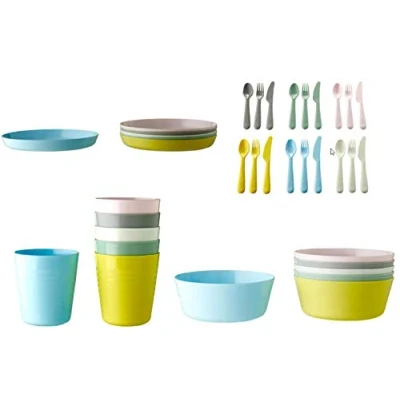 Image of IKEA KALAS Children&#039;s Bowl Tumbler Plate and Cutlery Set of 6 Each Item Multi Coloured Pastel