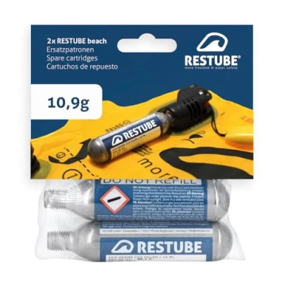 Image of Restube All age&#039;s Beach Cartridges for One Pull Buoy (Set of 2) 10.9g Waterproof Marine CO2 Inflators Swimming Float Buoyancy Aid, Metal, Small