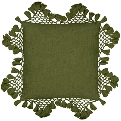 Image of Yard Anko Macrame Tasselled Feather Filled Cushion Khaki Cotton One Size