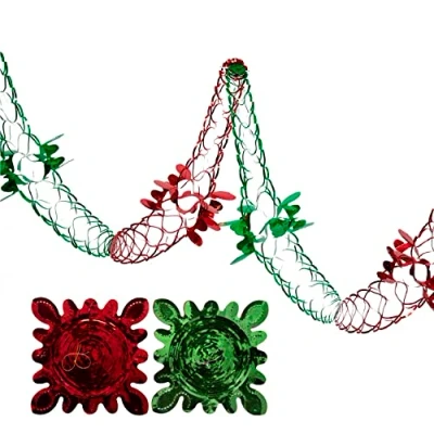 Image of 2 Pk Foil Garland Flower Christmas Hanging Decoration Wall Ceiling Xmas Deco (Dark Green &amp; Red)