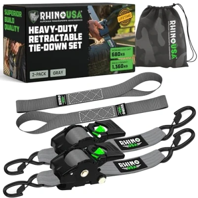 Image of Rhino USA Retractable Ratchet Tie Down Straps (2PK) 1,360kg Guaranteed Max Break Strength, Includes (2) Ultimate 5 cm x 3 m Autoretract Downs with Padded Handles Grey