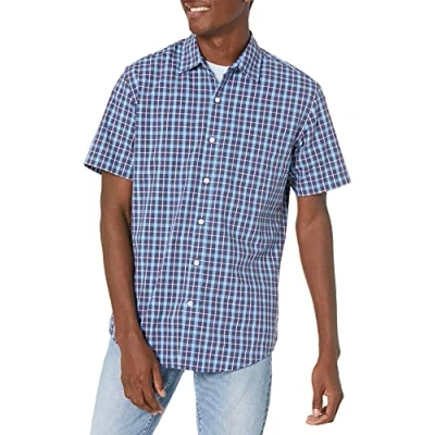 Image of Amazon Essentials Men&#039;s Regular Fit Short Sleeve Poplin Shirt, Navy Plaid, S
