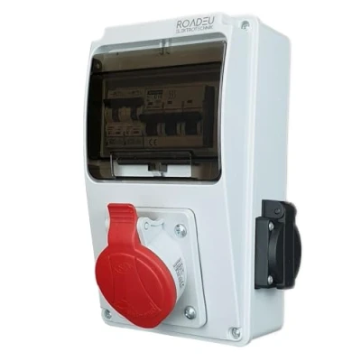 Image of RoadEu UK Power Distribution Box with CEE Outlet 16A 3P+N+E and 2x Receptaples 13A 250V Wall Combination Socket Circuit Breakers IP44 Designed for Market Includes 13Amp MCB