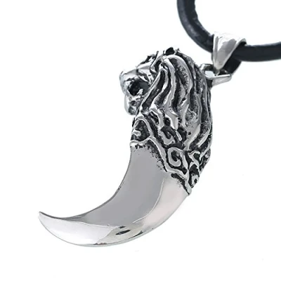 Image of DonDon Mens Leather Necklace 19.7&quot; 50 cm with Stainless Steel Pendant Lion Tooth Massive