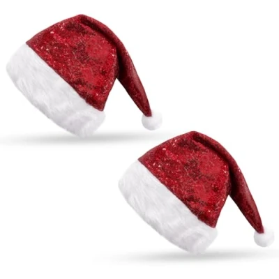 Image of FUIPVGI 2 Pieces Red Sequin Santa hat Christmas Hat,Christmas Headband Shiny Hats Plush Claus Hat,for Costume New Year Festive Theme Party Supplies (Red)