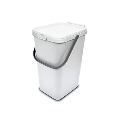 Image of Addis 519227 Kitchen Recycling &amp; General Storage bin 18 litres Stackable Food Waste Organiser Caddy with Clip lock lid carrying Handle, White Grey